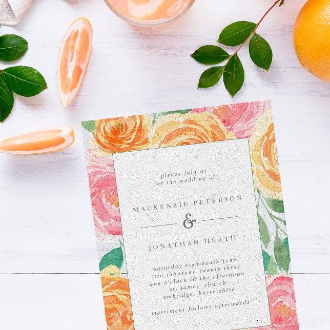 Pink and Orange Watercolor Roses Summer Wedding Invitation (Creator Uploaded)
