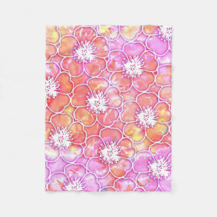 Pink and Orange Watercolor with White Flowers Fleece Blanket