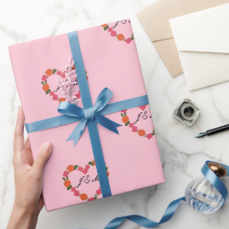 pink and orange wedding with floral heart wreath wrapping paper