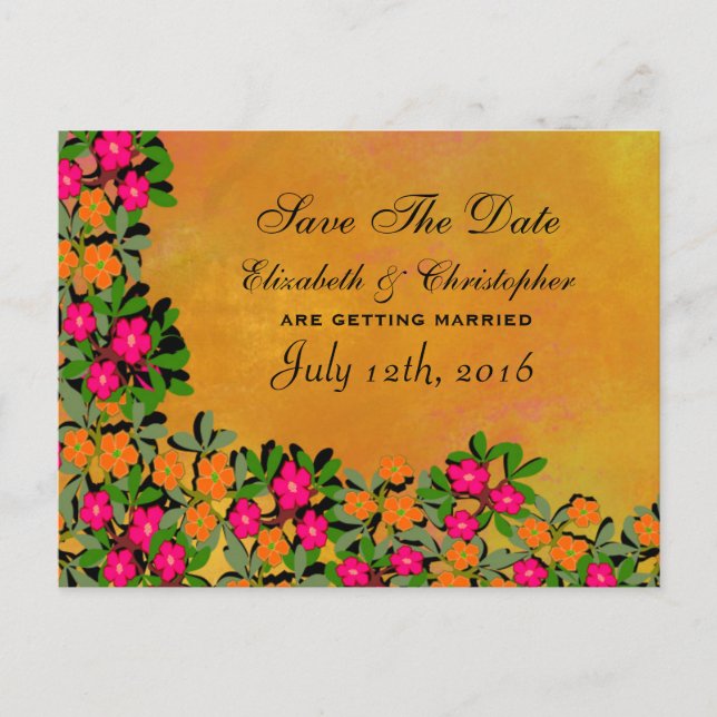 Pink and Orange Wildflowers  Wedding Save The Date Announcement Postcard (Front)