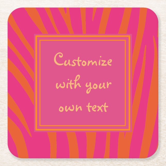 Pink and Orange Zebra Stripes Custom Text Square Paper Coaster (Front)