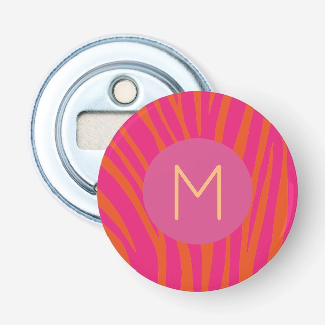 Pink and Orange Zebra Stripes Modern Monogram Bottle Opener (Front)