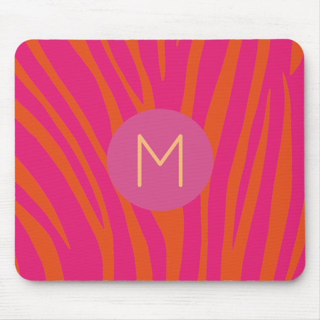 Pink and Orange Zebra Stripes Modern Monogram Mouse Pad (Front)