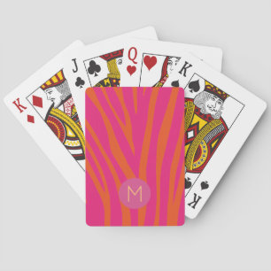 Pink and Orange Zebra Stripes Modern Monogram Playing Cards