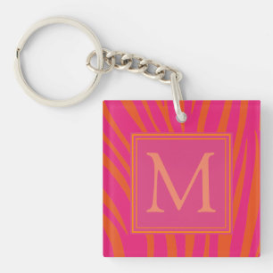 Pink and Orange Zebra Stripes Monogram Key Ring