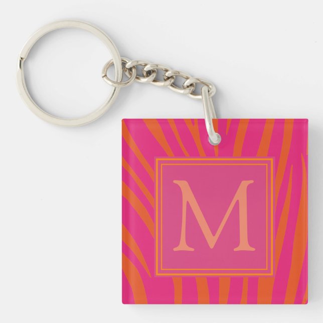 Pink and Orange Zebra Stripes Monogram Key Ring (Front)