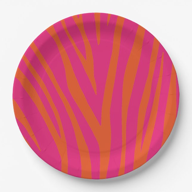 Pink and Orange Zebra Stripes Paper Plate (Front)