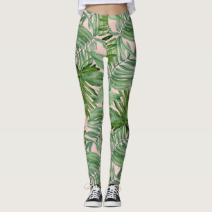 Pink and Palm Leaf Tropical Floral Pattern Leggings