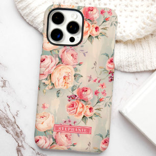 Pink and Peach Custom Name Floral iPhone 16 Pro Max Case