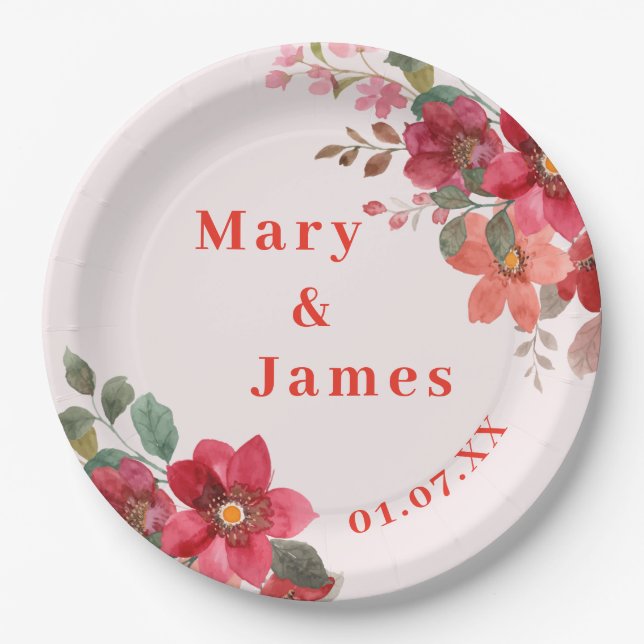 Pink And Peach Elegant Floral Wedding Paper Plate (Front)