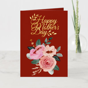 Pink and Peach Floral Bouquet Happy Mother's  Foil Greeting Card