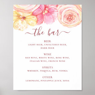 Pink and peach floral wedding bar. Alcohol drinks Poster