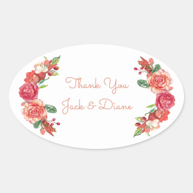 Pink and Peach Floral Wedding Oval Sticker (Front)