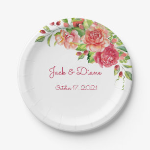 Pink and Peach Floral Wedding Paper Plates
