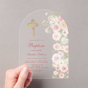 Pink and Peach Flowers Arch Baptism Acrylic Invitations