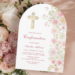 Pink and Peach Flowers Arch Confirmation Invitation