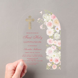 Pink and Peach Flowers Arch First Communion Acrylic Invitations