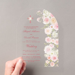 Pink and Peach Flowers Arch Religious Wedding Acrylic Invitations