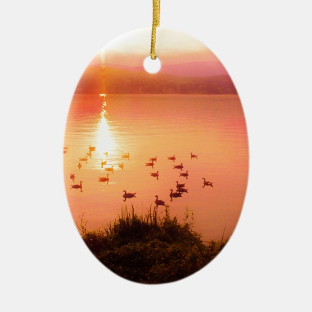 Pink and peach lake sunset ceramic ornament (Front)