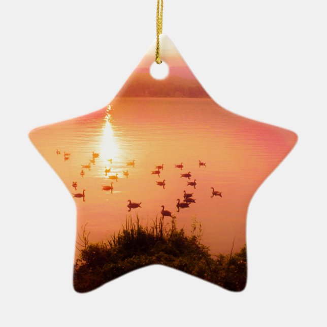 Pink and peach lake sunset ceramic tree decoration (Front)