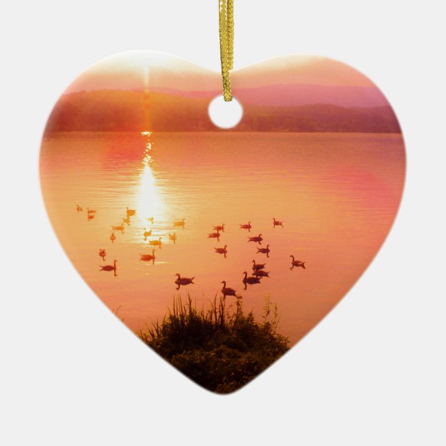 Pink and peach lake sunset ceramic tree decoration (Front)