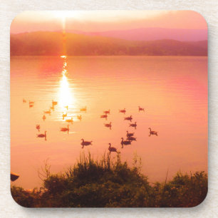 Pink and peach lake sunset coaster