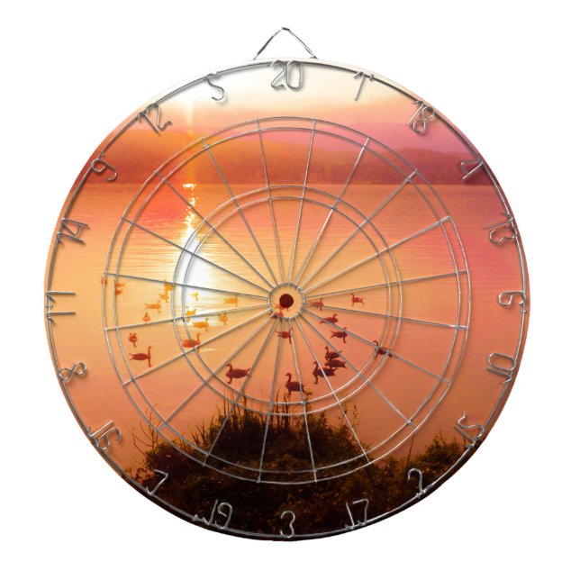 Pink and peach lake sunset dartboard (Front)