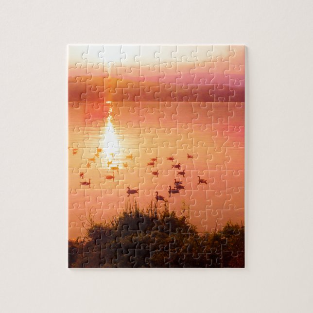 Pink and peach lake sunset jigsaw puzzle (Vertical)