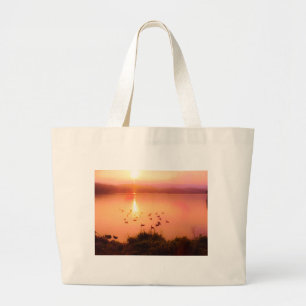 Pink and peach lake sunset large tote bag
