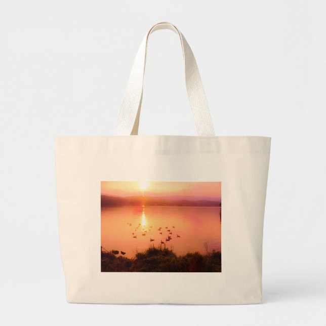 Pink and peach lake sunset large tote bag (Front)