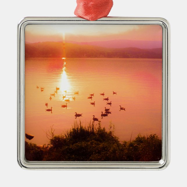 Pink and peach lake sunset metal ornament (Front)