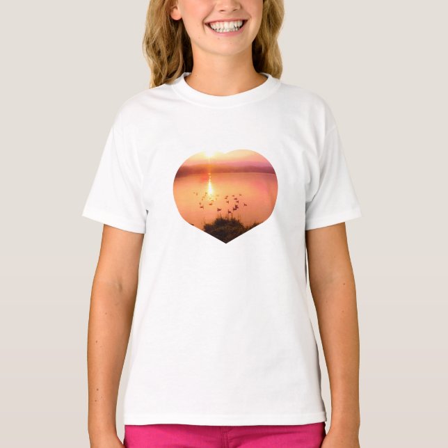Pink and peach lake sunset photo heart T-Shirt (Front)