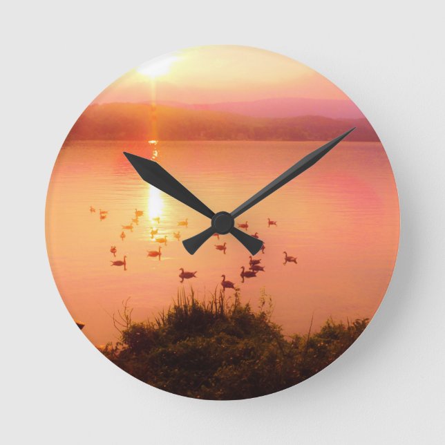Pink and peach lake sunset round clock (Front)