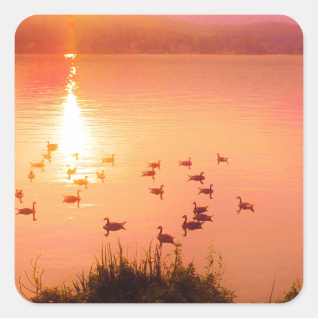 Pink and peach lake sunset square sticker (Front)