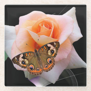 Pink and Peach Rose with Buckeye Butterfly Glass Coaster