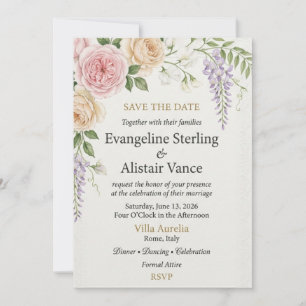 Pink and Peach Roses, Wisteria, Lace Border Frame, Invitation