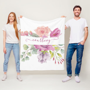 Pink and peach watercolor floral personalised fleece blanket