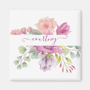 Pink and peach watercolor floral personalised magnet