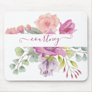 Pink and peach watercolor floral personalised mouse pad