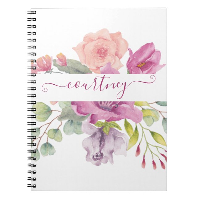 Pink and peach watercolor floral personalised notebook (Front)
