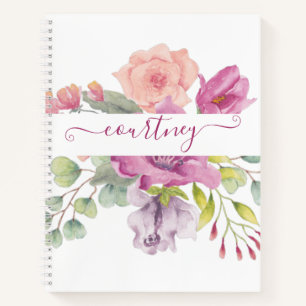 Pink and peach watercolor floral personalised  notebook