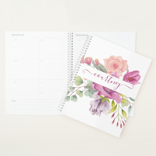 Pink and peach watercolor floral personalised  planner (Display)