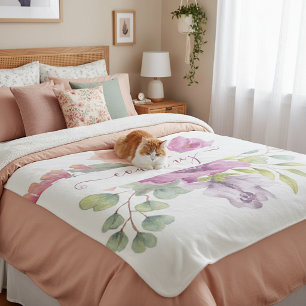 Pink and peach watercolor floral personalised sherpa blanket