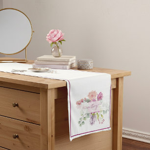 Pink and peach watercolor floral personalised sho short table runner