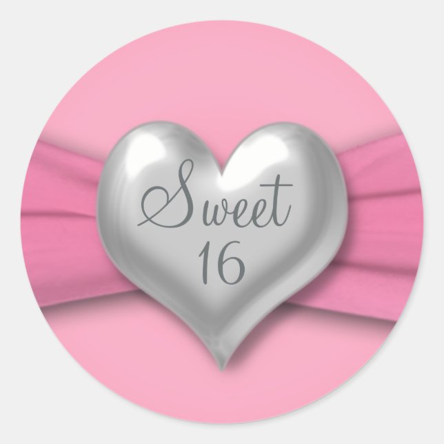 Pink and Pewter Heart Sweet Sixteen 1.5" Sticker (Front)