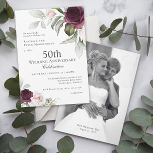 Pink and Plum Botanical Photo 50th Anniversary Invitation