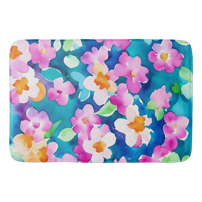 Pink and Pretty Watercolor Flowers Bath Mat (Front)