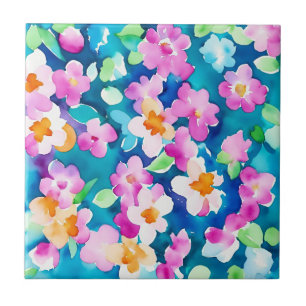 Pink and Pretty Watercolor Flowers Ceramic Tile