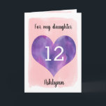 Pink and Purple 12th Birthday Daughter Card<br><div class="desc">A personalized 12th birthday daughter card that features a purple watercolor heart against pink watercolor. You can personalize the heart with the age you need and add her name underneath the heart. The inside message can be easily edited if wanted. The back of the card says Happy Birthday, which can...</div>