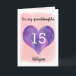 Pink and Purple 15th Birthday Granddaughter Card<br><div class="desc">A watercolor pink and purple 15th birthday granddaughter card, which features a watercolor heart against pink water color. You can personalize the heart with the age you need and add her name underneath the heart. The inside message can be easily edited if wanted. The back of the card has a...</div>